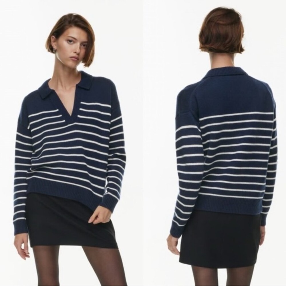 Aritzia Wilfred Clara Merino Wool Sweater Navy Blue White Stripe